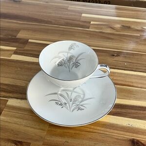 Classic White Floral Teacup and Saucer Set Wentworth China Japan Silver Wheat